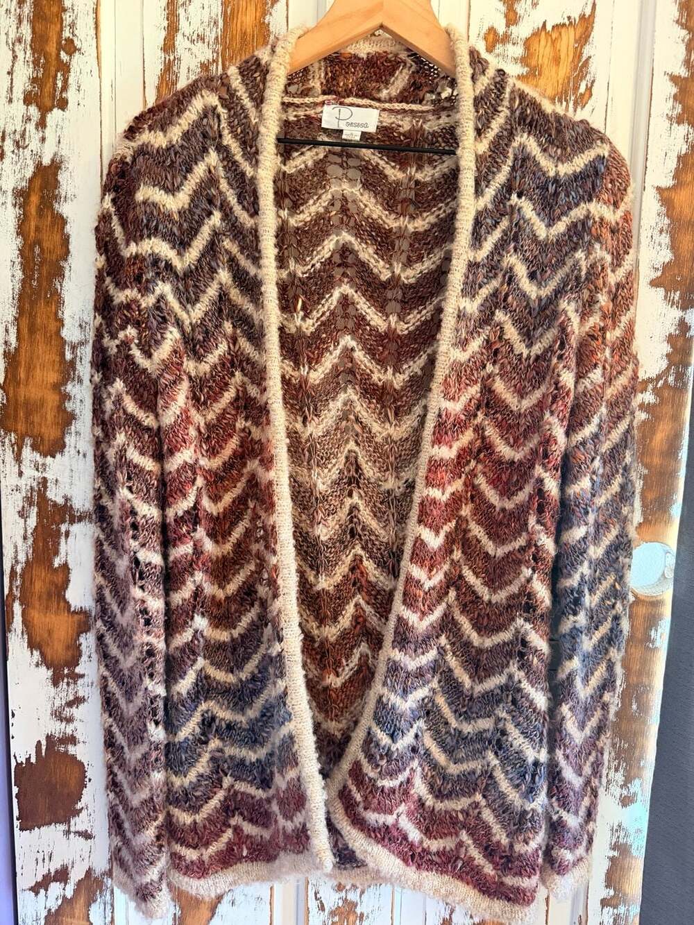 Ponsesa Chevron Striped Chunky Knit Open Front Cardigan Size S Hippie Boho